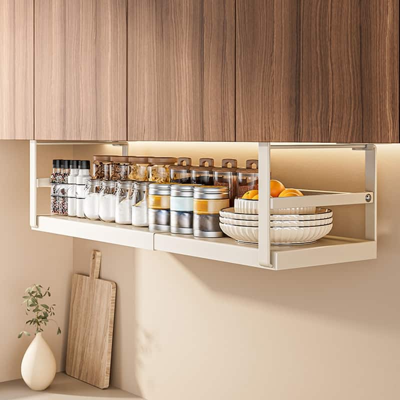 Expandable Under Cabinet Shelf Hanging Shelf Storage Basket Organizer Storage Shelf 8.66" Deep 10.62"-17.71" Long - white