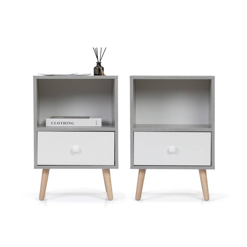 Wood Nightstand Set of 2, Bed Sofa Side Table with Drawer and Shelf