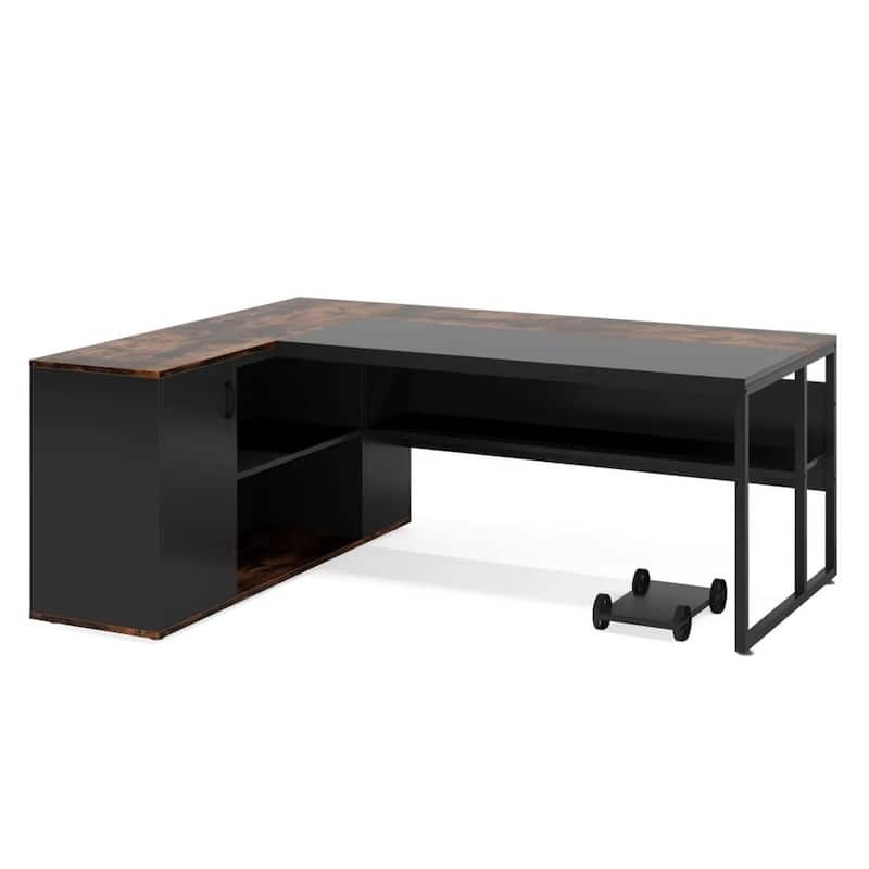 71 inch Executive Desk, L Shaped Desk with Cabinet Storage, Executive Office Table with Shelves