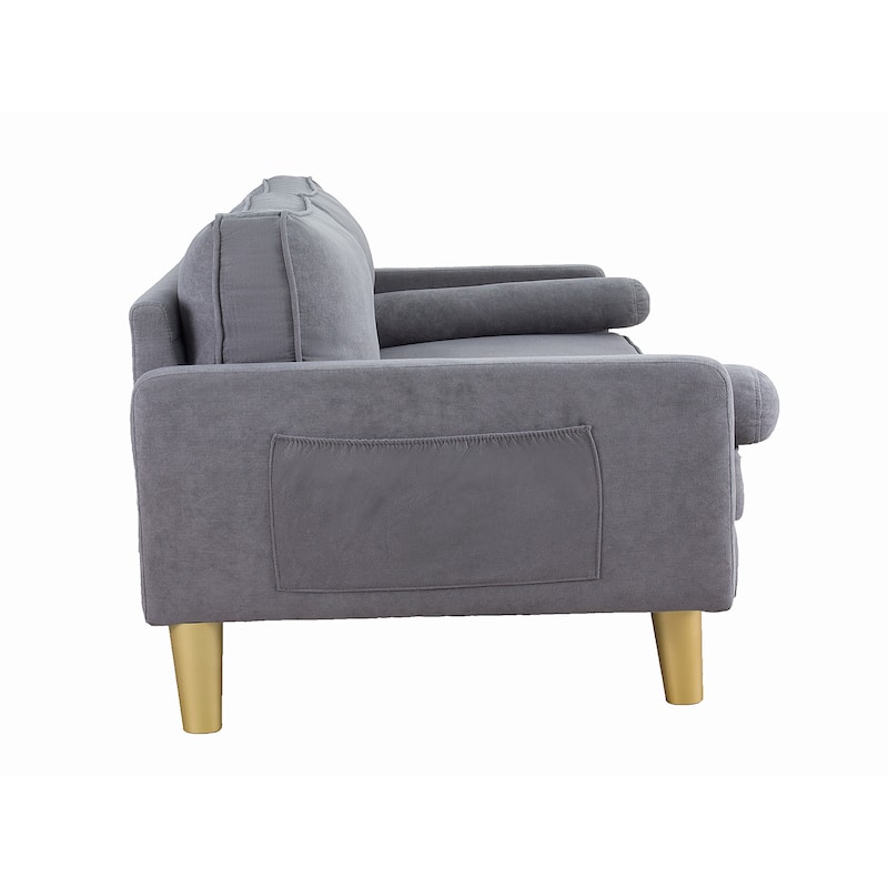 Contemporary Mid Century Style 3 Seater Linen Sofa with Armrest Pockets Premium Upholstery - 65.4 × 29.1 × 33.9 inches