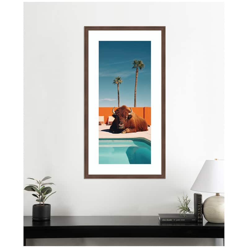 Kate and Laurel Framed Art Bison Chilling by the Pool in California by Michael Schauer