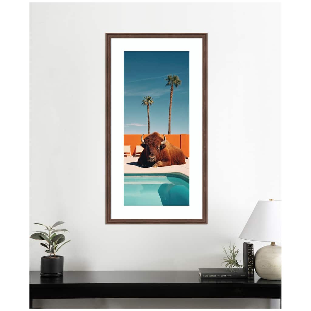 Kate and Laurel Framed Art Bison Chilling by the Pool in California by Michael Schauer