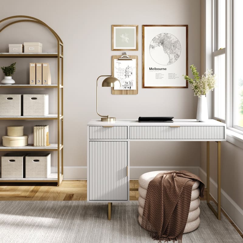Jacklyn White Modern Computer Desk, Workstation or Writing Desk for Small Spaces with Drawers and Cabinet Storage