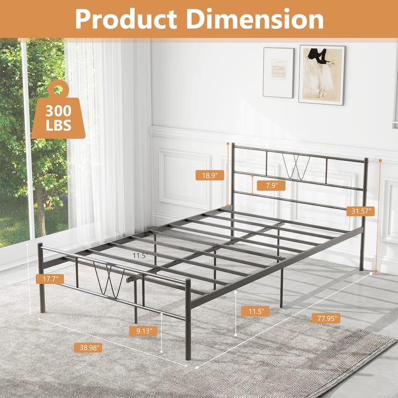 Full Size Metal Bed Frame with Headboard Platform Bed / Heavy Duty/ Solid Metal Slat / No Box Spring Needed, Twin Bed Frame