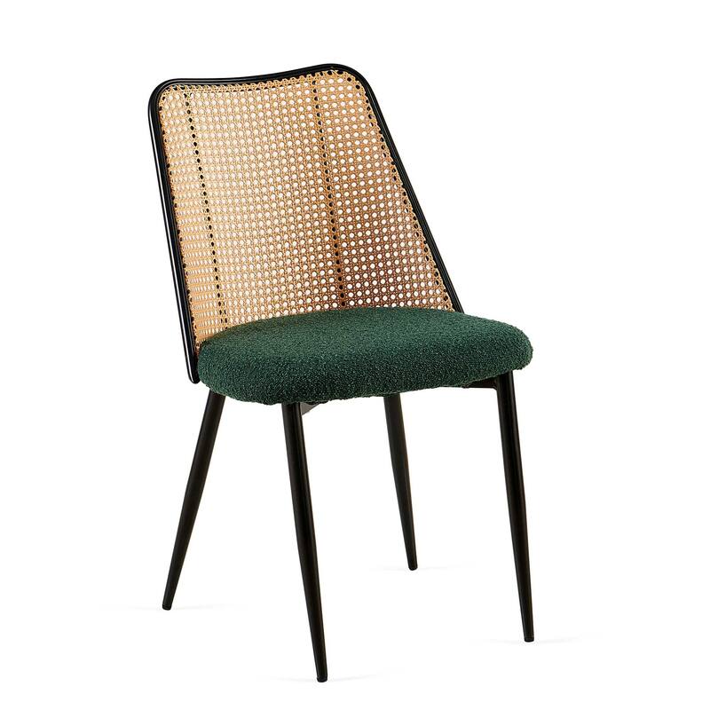 Green Rattan Dining Chairs Set of 4,Boucle Chairs with Natural Cane Back, Upholstered Dining Room Kitchen Chair