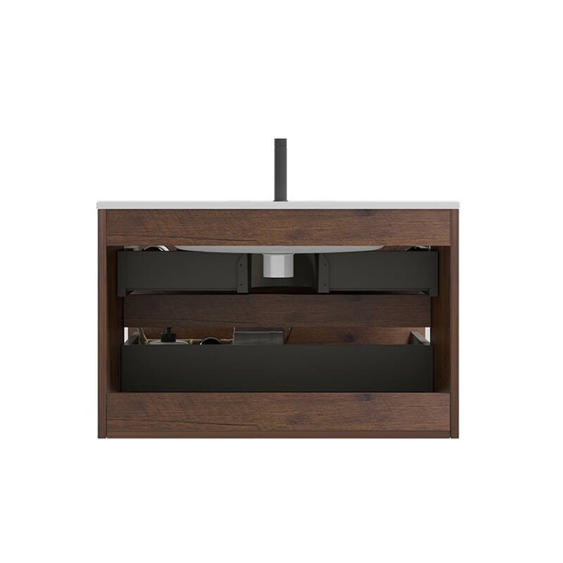 GDFStudio - Tia Wall-Mounted Bathroom Vanity with Ceramic Sink, Soft Close Drawers & U-Shaped Drainage