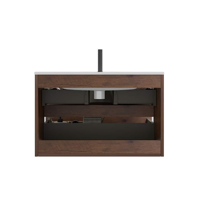 Wall Mount Glossy Bathroom Vanity with Ceramic Sink with Single Hole