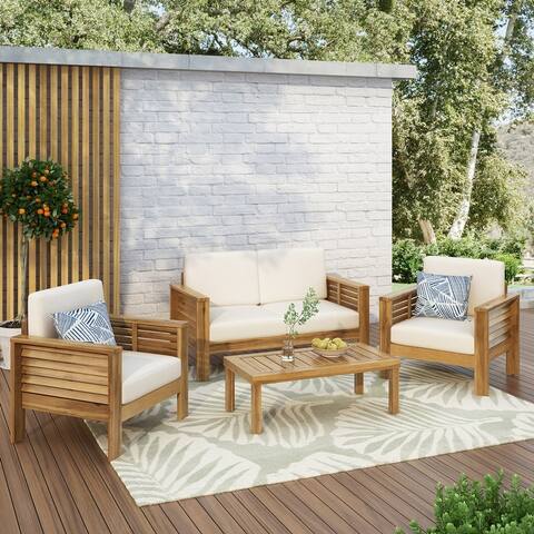 Louver Outdoor Acacia Wood Outdoor 4pc Chat Set with Cushions by Christopher Knight Home