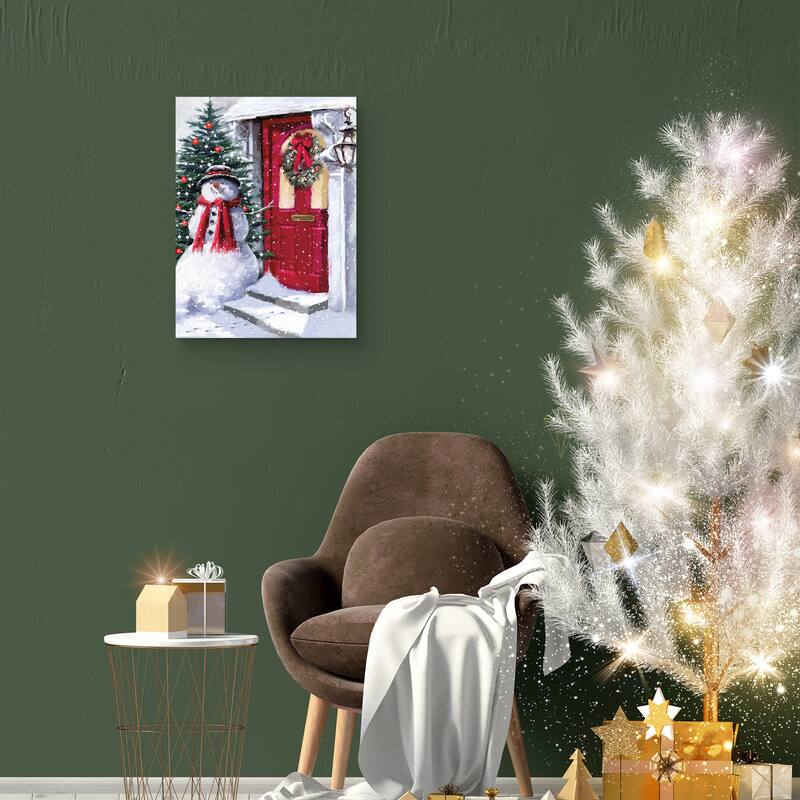 Snowman Outside Red Door 3 by The Macneil Studio Canvas Art Print