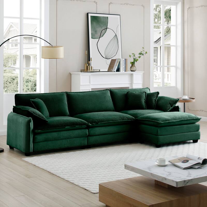 150.38" Modern L-Shaped Modular Sectional Sofa for Living Room, Corduroy Oversized 3-Seater Couch with Movable Ottoman