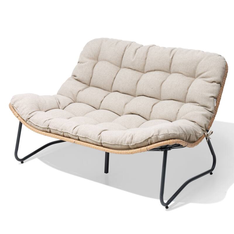 Double Papasan PE Rattan Chair Loveseat with Cushion For Indoor Outdoor