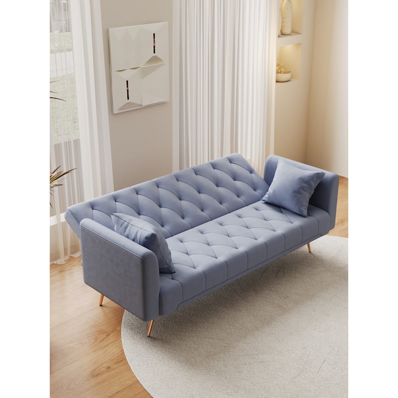 Velvet Loveseat Sofa Adjustable Backrest Sleeper Sofa Bed with 2 Pillow Upholstered Deep Seat Sofa, Tufted Couch