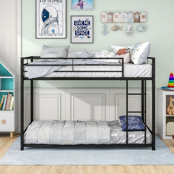 slide 2 of 8, Black Twin over Twin Size Metal Bunk Bed Frame with Safety Guard Rails Twin over Twin - Black