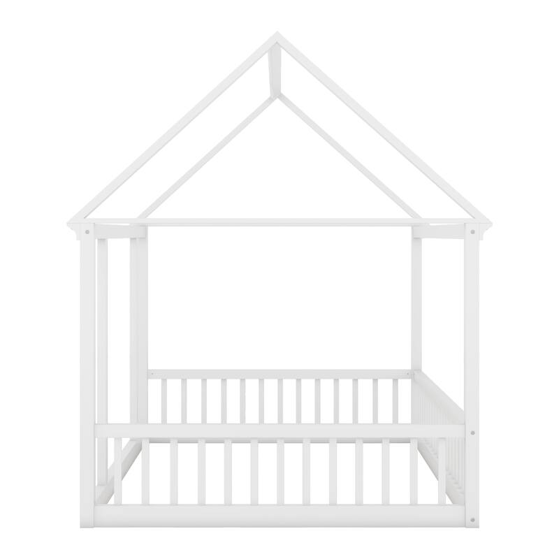 Pine Wood Floor Bed with House Roof Frame and Safety Guardrails