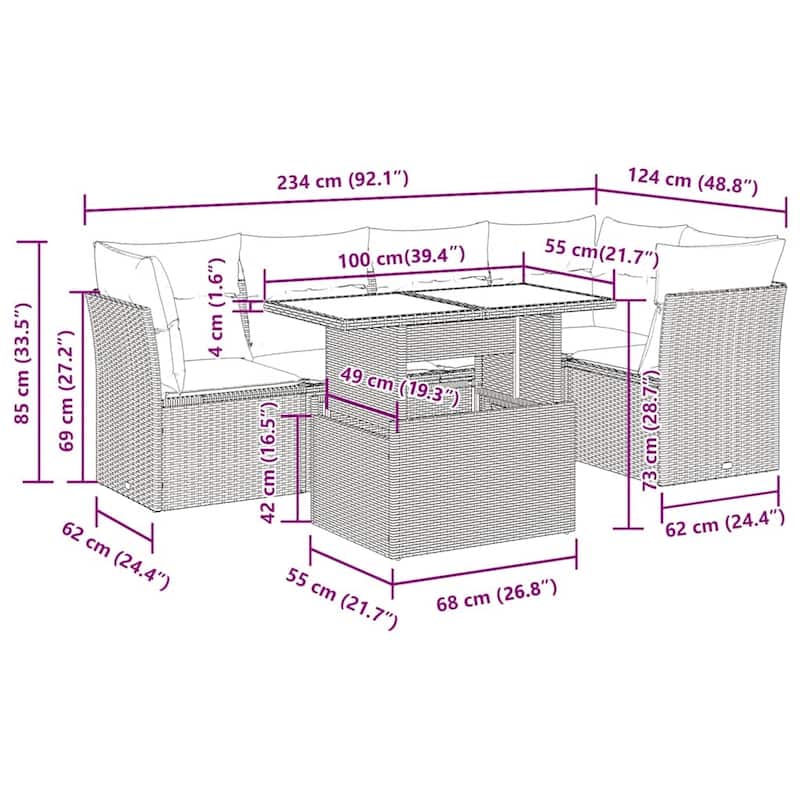 6-Piece Modular Outdoor Sofa Set - 21.7 x 39.4 x 28.7 in