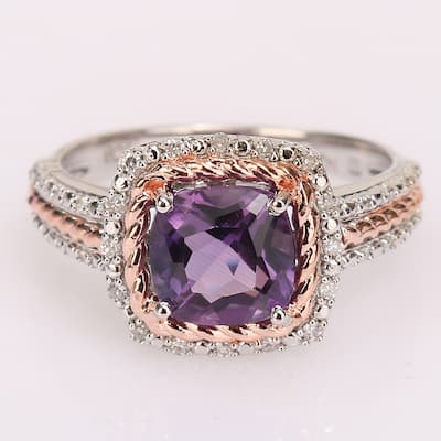 Miadora 2-Tone Sterling Silver Cushion-cut Amethyst & 1/6ct TDW Diamond Multi-row Halo Engagement Ring