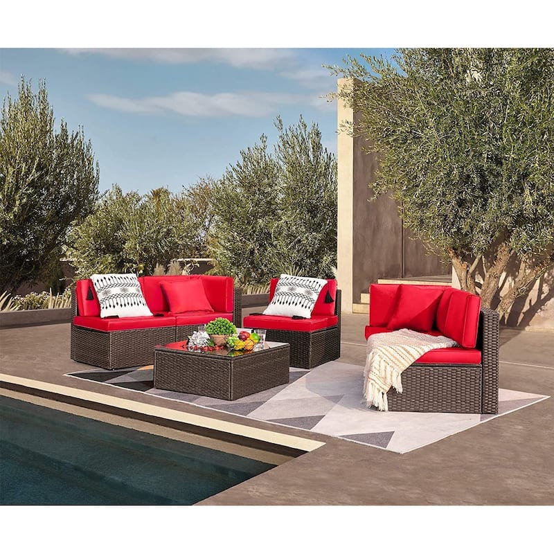 Homall 6 Pieces Patio Furniture Sets Outdoor Sectional Rattan Sofa Manual Weaving Wicker Patio Conversation Set - Red