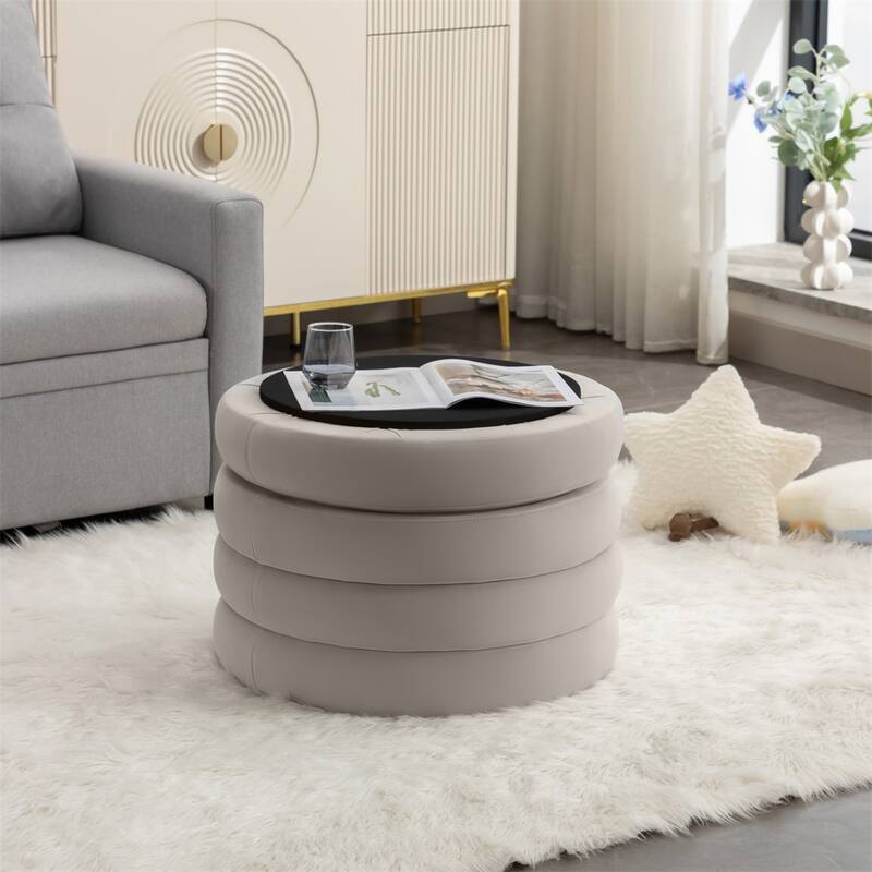 Fabric Storage Round Ottoman Footstool with Wooden Shelving