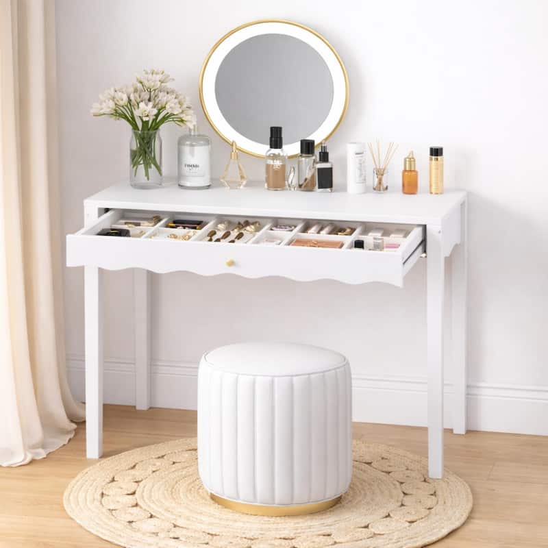 35.43"Vanity Desk with Drawer - Modern Makeup Table with Scalloped Front & Gold Knob, Compact Writing Desk with 4 Sturdy Legs