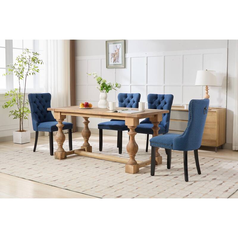 Upholstered Linen Dining Chair with Wood Legs Nailhead Trim 2-Pcs Set