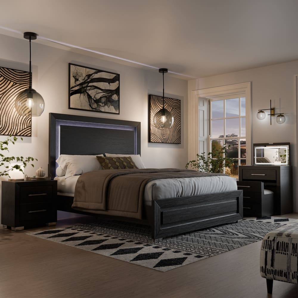 Furniture of America Alaric Modern Black Solid Wood 3-Piece Bedroom Set with 32-inch Makeup Vanity and Nightstand