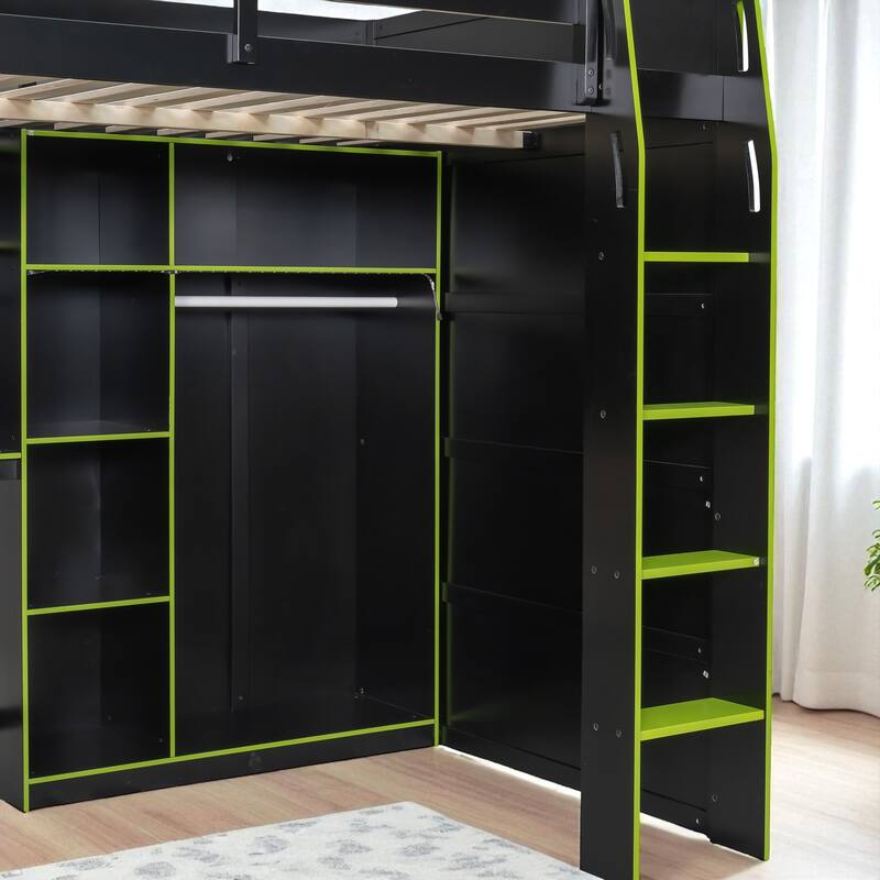 Full Size Wood Loft Bed with Desk, Open Wardrobe, Shelves and RGB LED Lights for Gaming & Storage