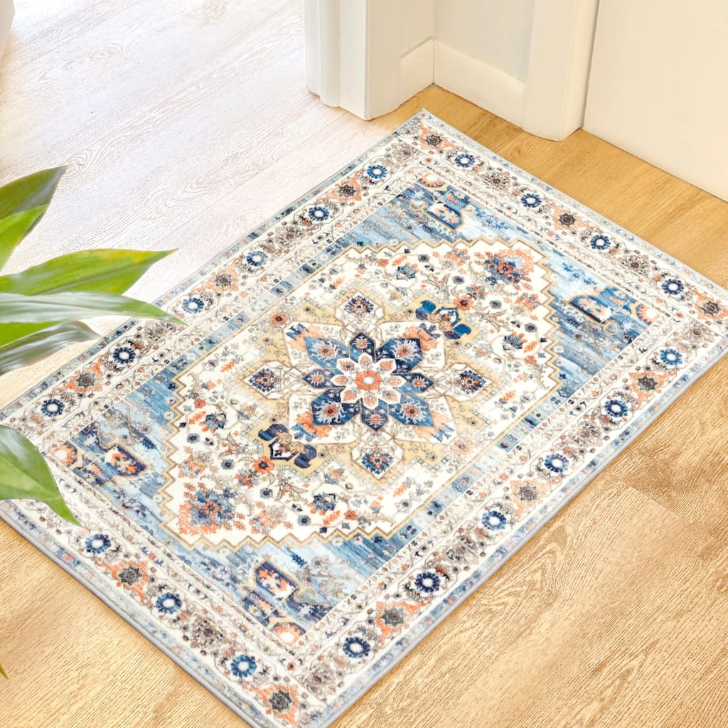 DriftAway Area Rug Washable Rugs for Living Room Non Slip Rubber Backing Low Pile Non Shedding Boho Foldable Vintage Rugs