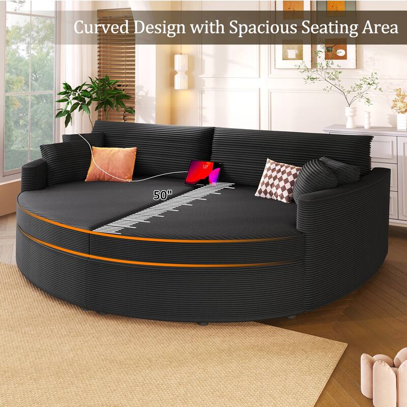 102.3" Oversized Double Chaise Lounge Sofa, Corduroy Upholstered Sleeper Sofa Bed 2 Seat Sofa Loveseat with USB Ports - Black