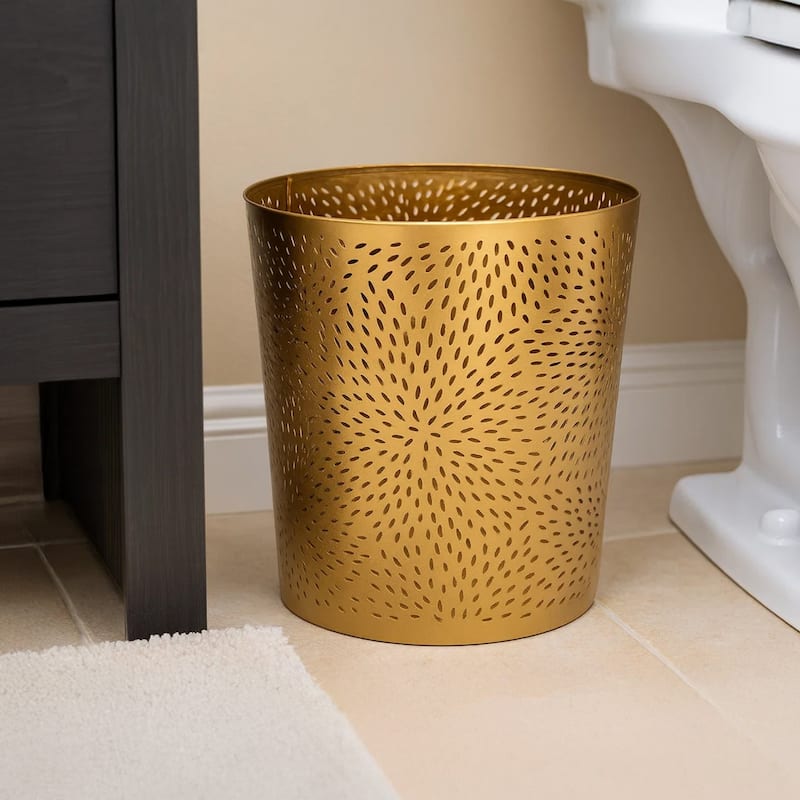10" Decorative Iron Wastebasket Trash Can Matte Gold Leaf Etched Design