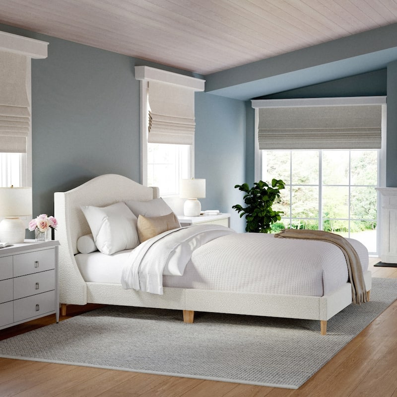 Martha Stewart Upholstered Platform Bed with Curved Headboard - Off-White Boucle/Light Beech Legs - Queen