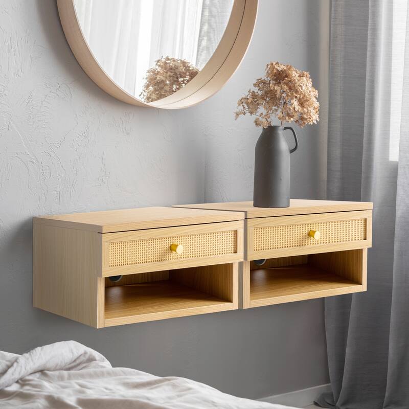 Elise 15.71" Mid-Century Modern Floating Wall Mounted Nightstand with Soft-Close Rattan Drawer and Cable Hole, by JONATHAN Y