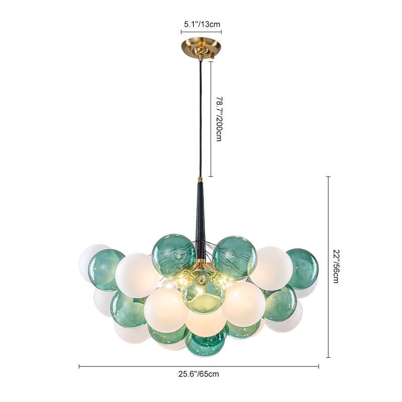 French 5-Light White Green Bubble Cluster Glass Globe Chandelier - 25.6 Inches