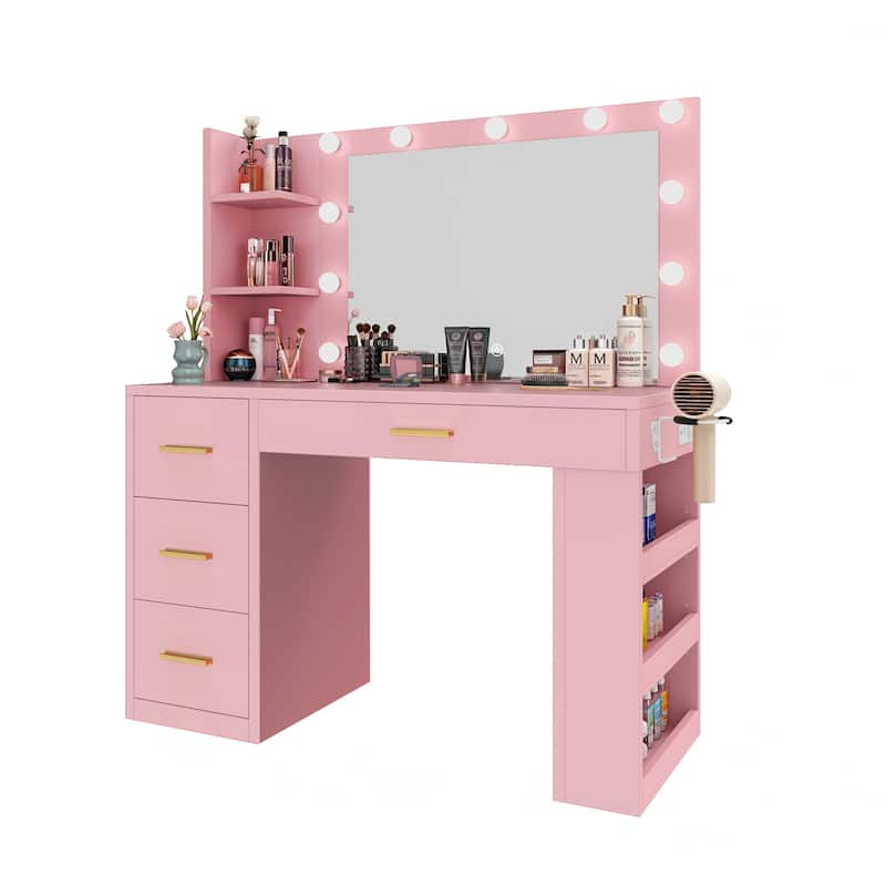 Moasis 39.5"W Bedroom Makeup Vanity Desk with Mirror and Power Outlets&Hairdryer Holder