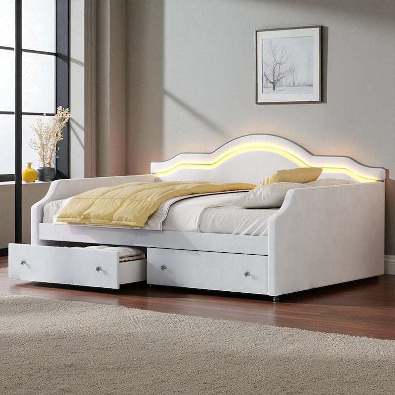 Twin/Full Size Upholstered Daybed with LED Lights, 2 Storage Drawers, Velvet Frame, No Box Spring Required - Beige - Full