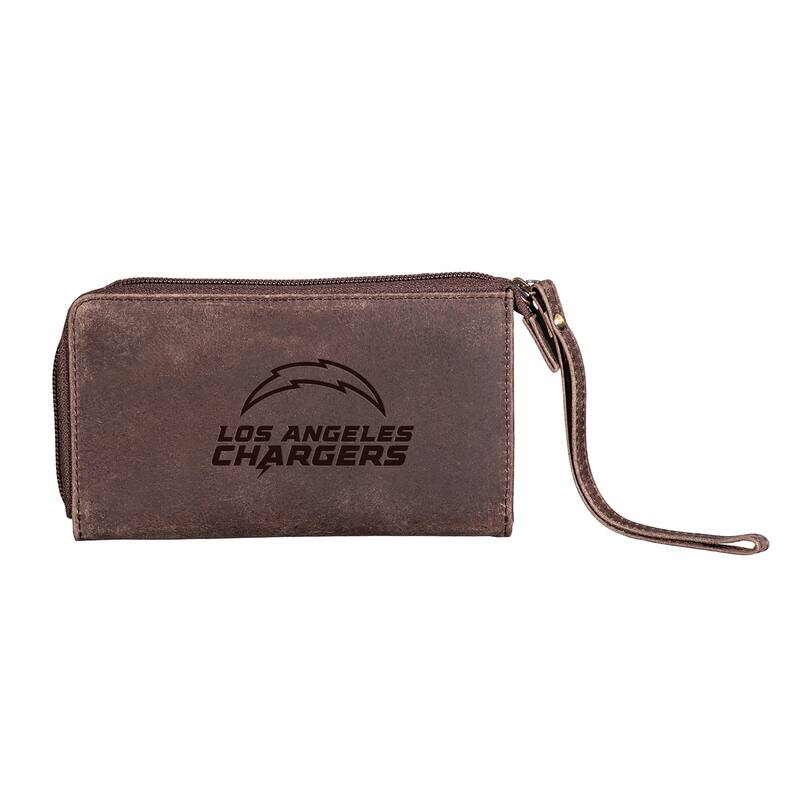 Brown Leather Cell Phone Wristlet Wallet, Los Angeles Chargers - 4" x 7"