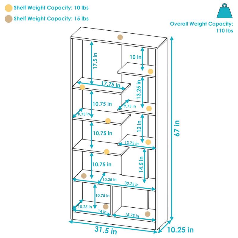 Sunnydaze Rosalee 9-Tier Open Bookshelf with Staggered Shelves
