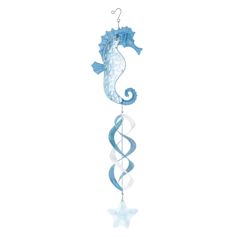 Metal Sea Horse Swirl Wind Spinner Windchime with Starfish Accent - Blue - Roche River Decor