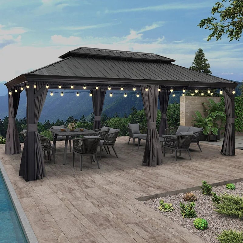 PURPLE LEAF Outdoor Galvanized Steel Hardtop Gazebo, Aluminum Frame Gazebo With Curtains - 12ft x 20ft - Grey