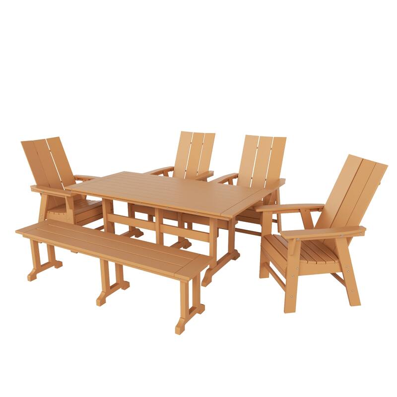 Shoreside 6-Piece Rectangular Poly Eco-Friendly All Weather Outdoor Dining Set with Bench - Teak