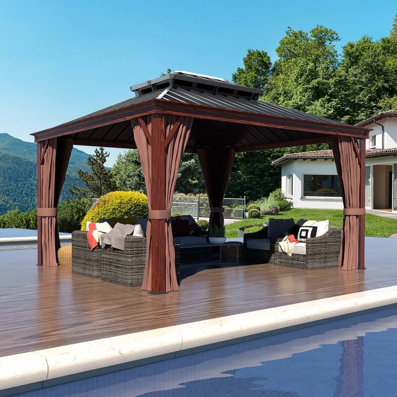 VEIKOUS Outdoor Premium Gazebo with Galvanized Steel Double Roof, Aluminum Frame, and High-Quality Nettings - 10×12 - Brown