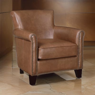 Tria 35 Inch Accent Chair, Brown Top Grain and Split Leather, Solid Wood