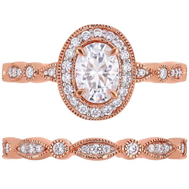 Miadora 1 1/2ct DEW Oval-cut Moissanite Halo Vintage Bridal Ring Set in 10k Rose Gold