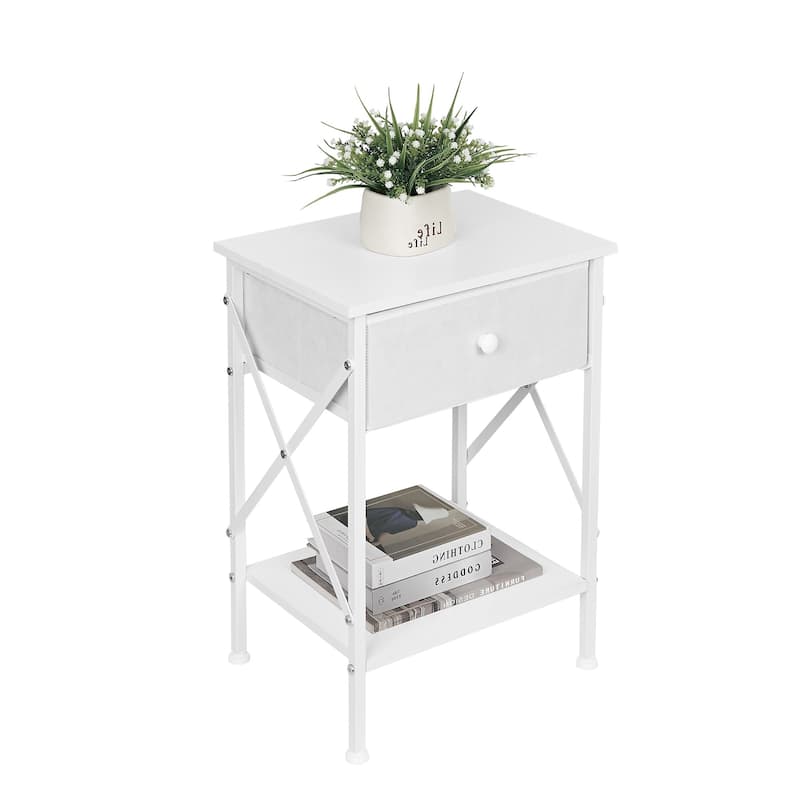 VECELO X Frame Nightstand with Removable Fabric Drawer Easy to Clean Nightstand Multifunctional End Table with Open Shelf