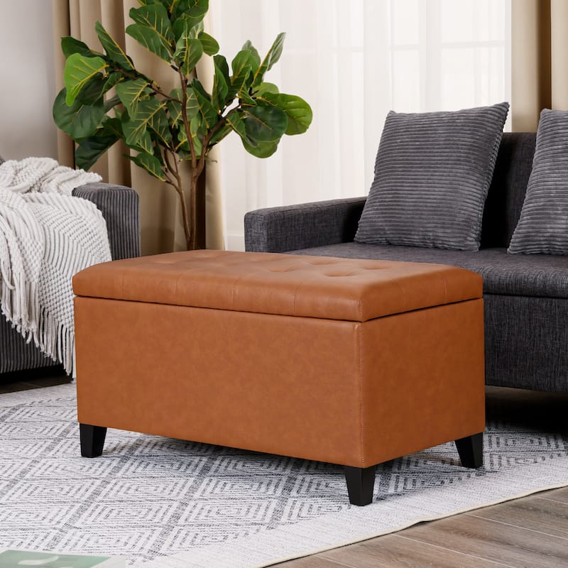 Adeco Rectangular Storage Ottoman Faux Leather Bench Lift-top Footrest - Dark-Orange-Faux-Leather-with-Tufted