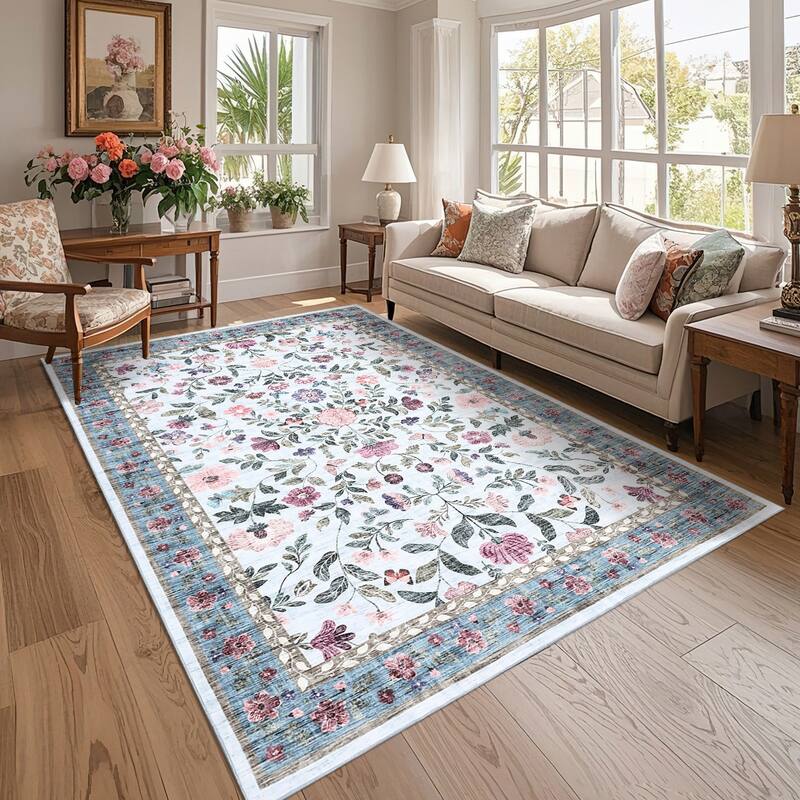 Garvee Farmhouse Distressed Floral Vine Area Rug