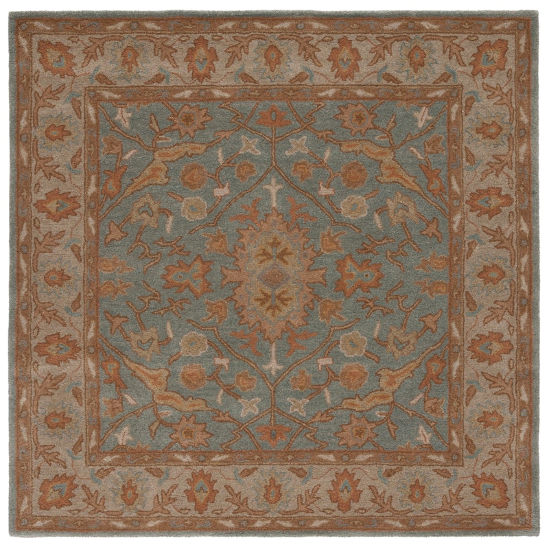 SAFAVIEH Handmade Heritage Mallorca Border Traditional Oriental Wool Rug - 6' Square - Light Blue/Ivory