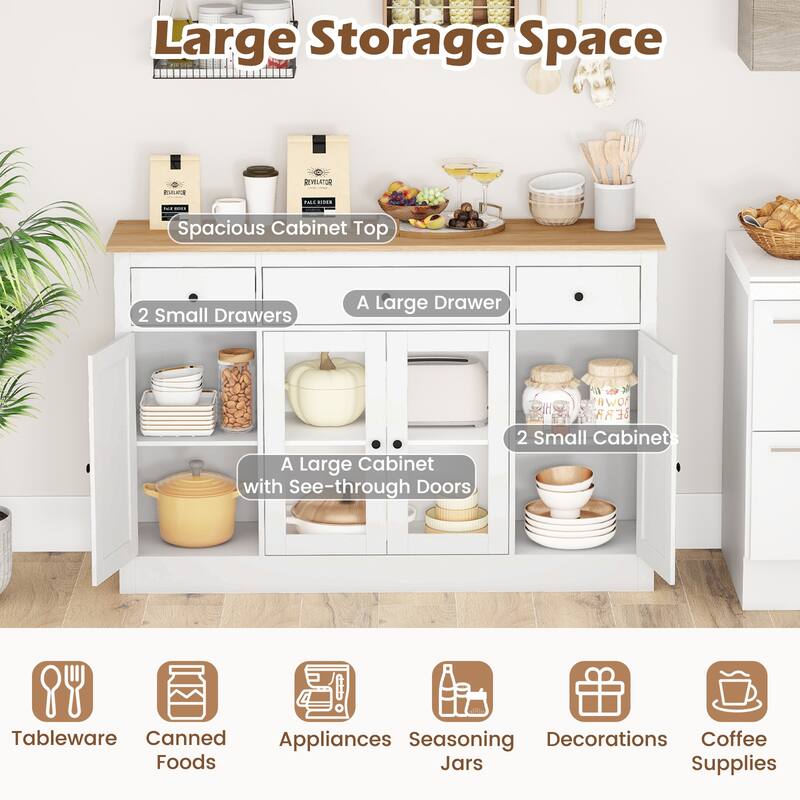 Gymax 55'' Large Buffet Sideboard w/ 3 Drawers 2 See-through Doors