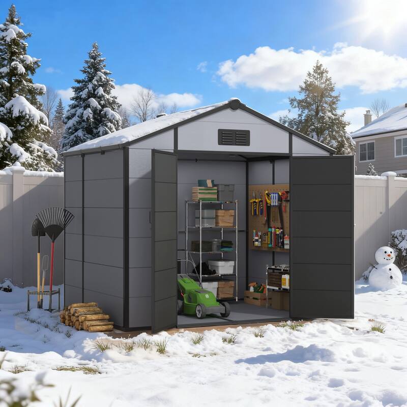 Erommy Outdoor Storage Shed with Built-In Floor, Lockable Double Doors & Sloped Roof