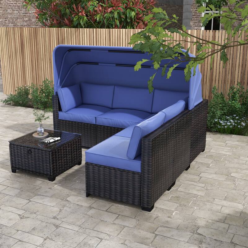 6 Pieces Patio Furniture Sets, Outdoor Rattan Daybed with Retractable Canopy, Outdoor Chaise Chair Sunbed - Brown