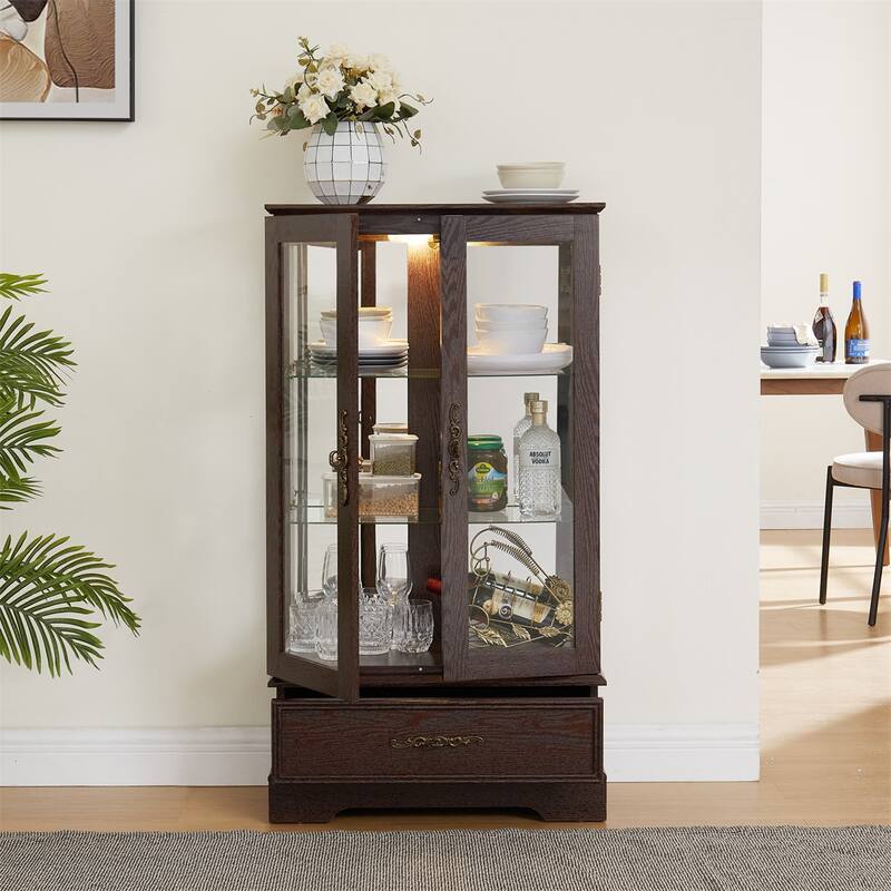 Lighted Glass Display Curio Cabinet with Door, 3 Shelves, Bulb, Drawer
